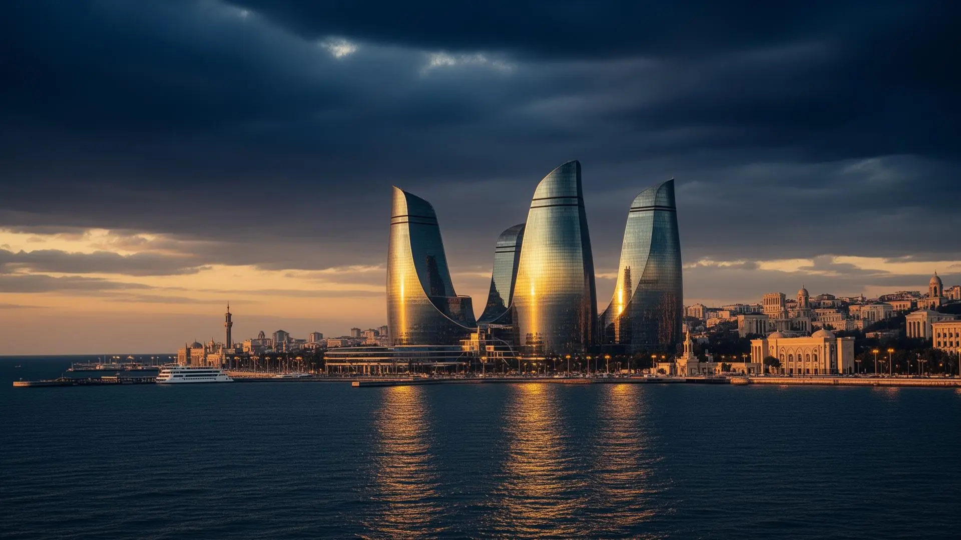 Baku skyline with Flame Towers at golden hour
